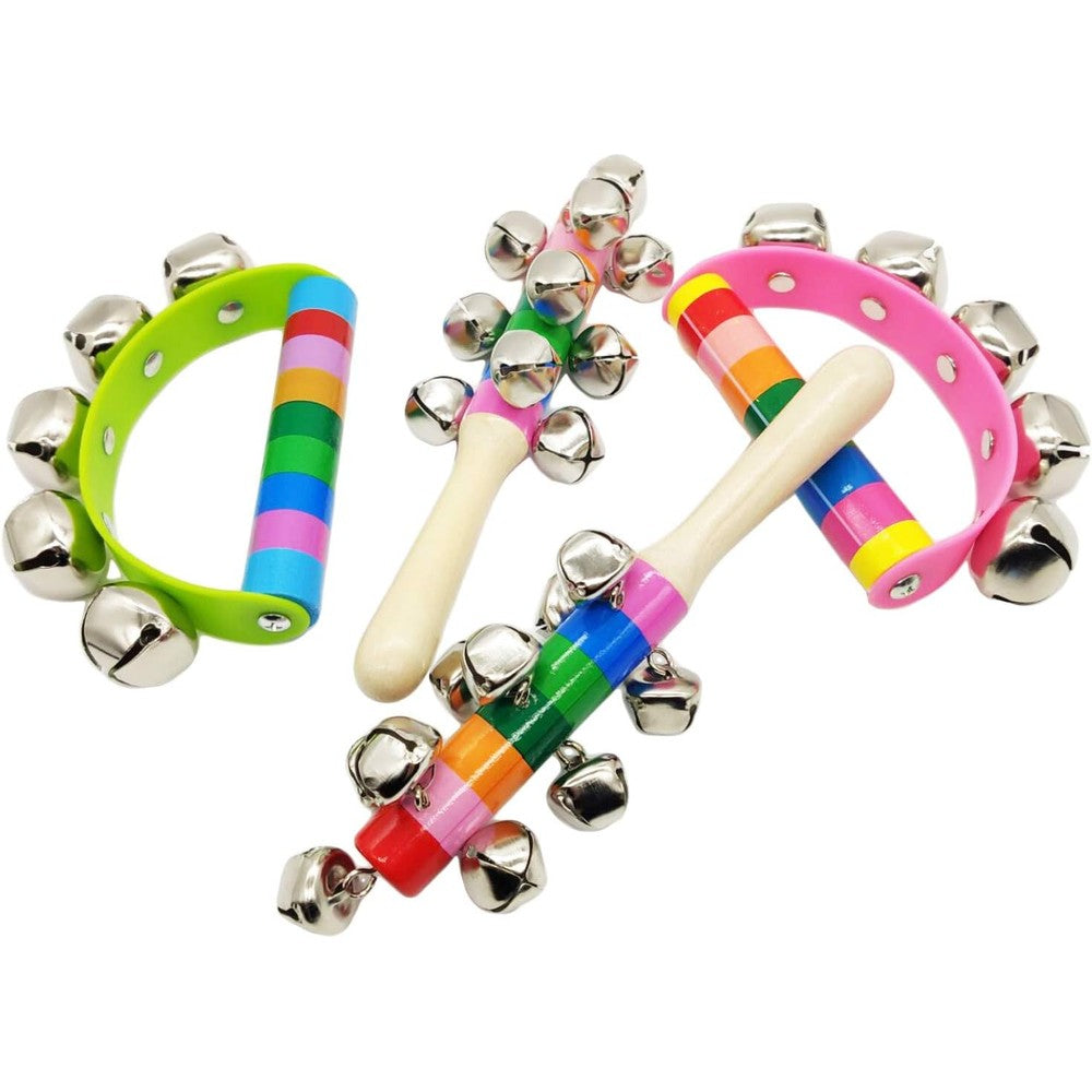 Dicanence Rainbow Handle Wooden Bells four piece set front view early learning musical percussion instruments