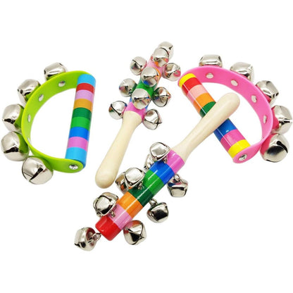Dicanence Rainbow Handle Wooden Bells four piece set front view early learning musical percussion instruments
