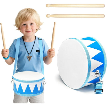 Xanllaxa kids wooden drum set front view showing blue and white serrated patterns with two drumsticks.