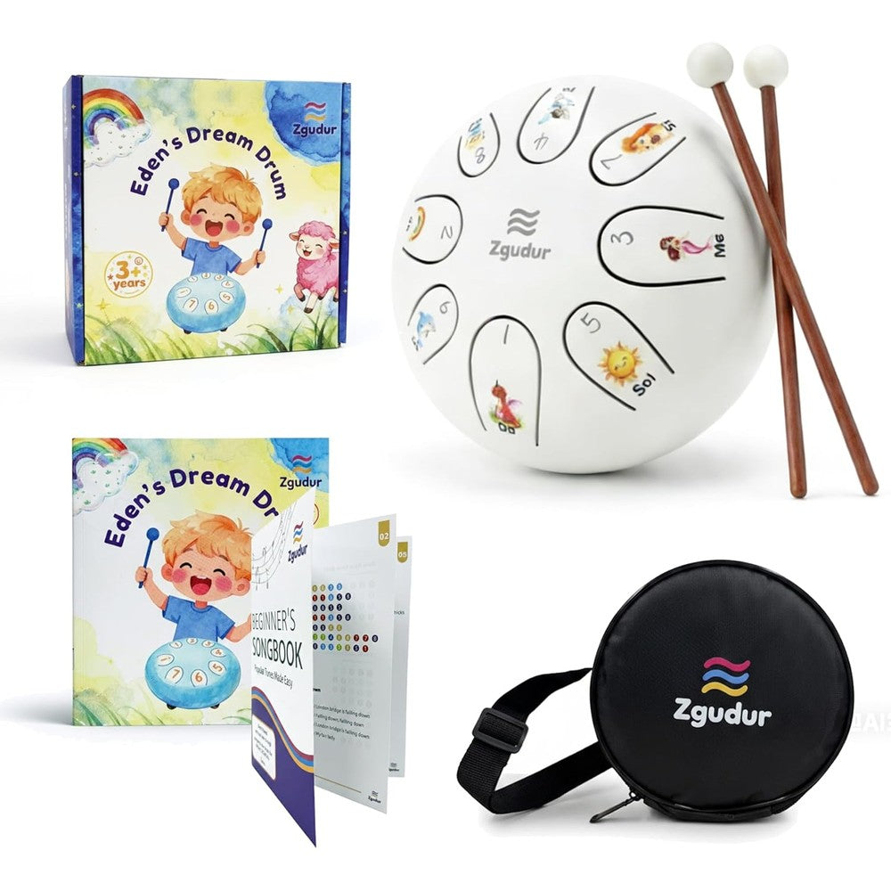Zgudur children steel tongue drum front view showing white finish and numbered notes.