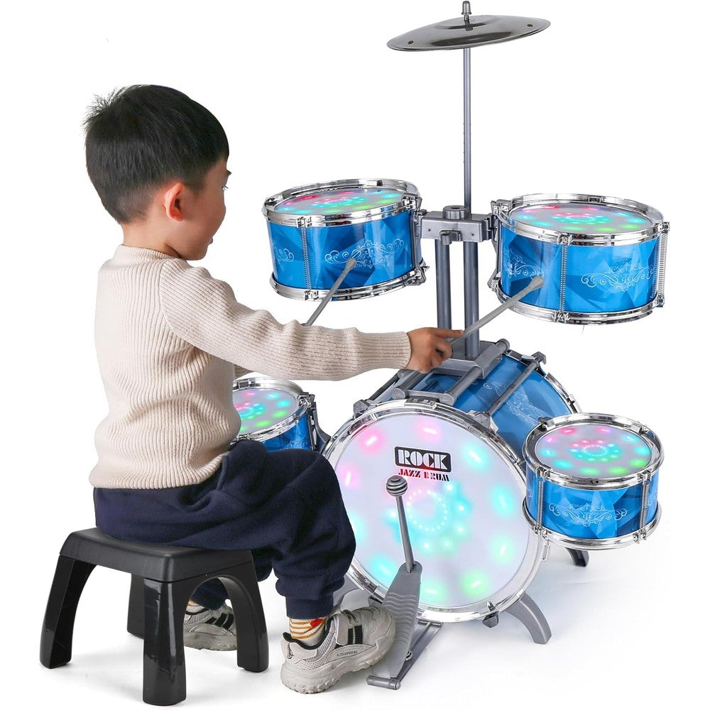 Captain Chaowing kids drum set front view showing five colorful jazz drums and top cymbal