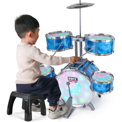 Captain Chaowing kids drum set front view showing five colorful jazz drums and top cymbal