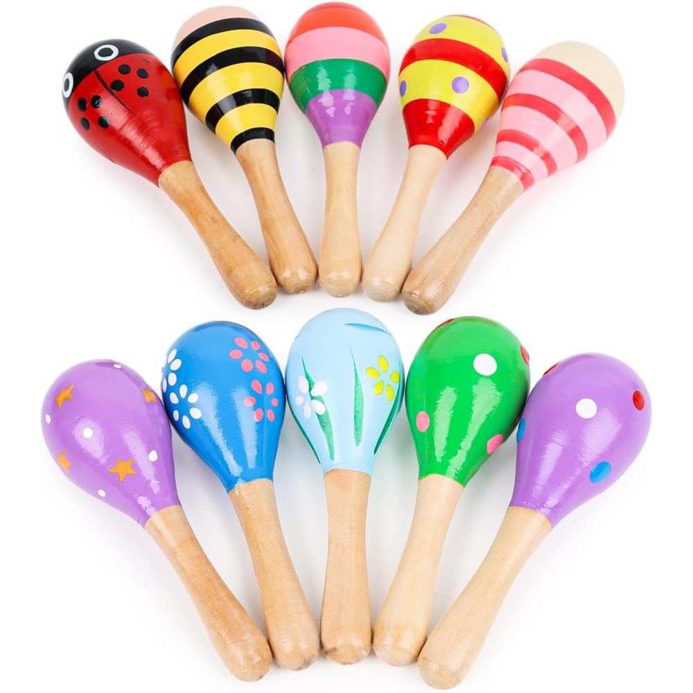 POPLAY mini wooden maracas ten piece set front view showing multiple colorful patterns