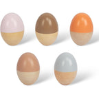 WoodenEdu Wooden Baby Egg Shakers front view featuring five colorful hand painted musical maracas for toddlers