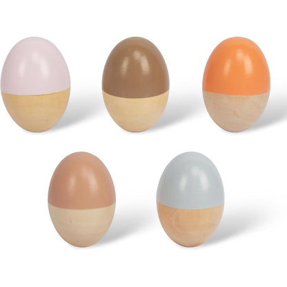 WoodenEdu Wooden Baby Egg Shakers front view featuring five colorful hand painted musical maracas for toddlers