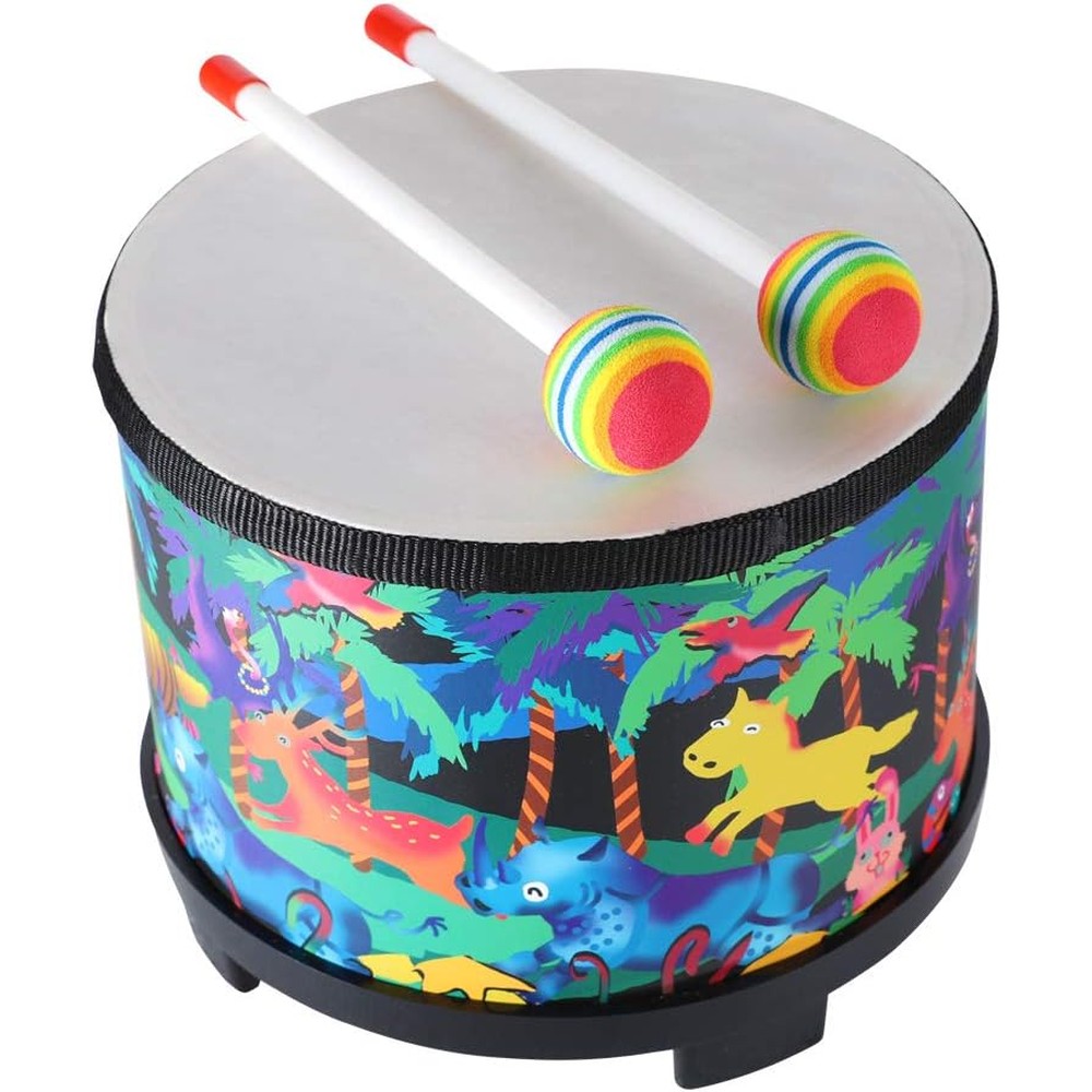 Ubblove floor tom drum for kids 8 inch front view showing black drum head and two wooden mallets.