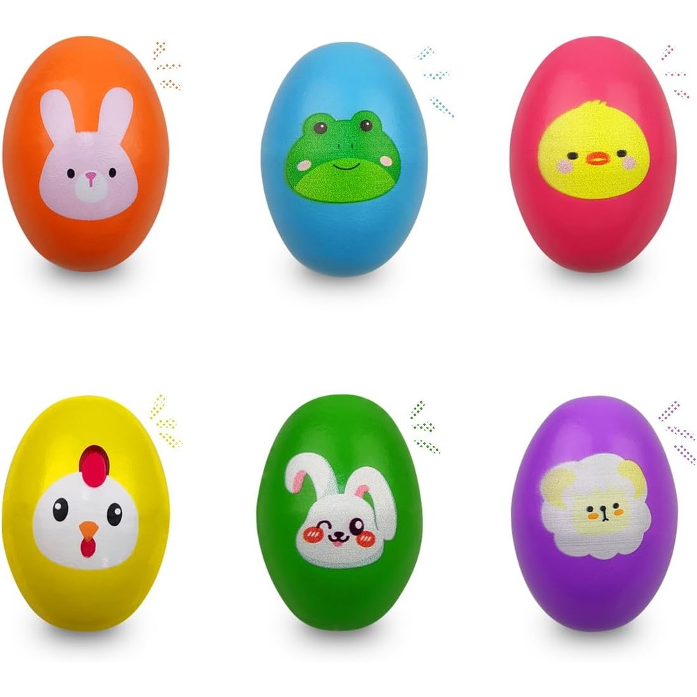 OCBTOW wooden Easter egg shakers six pack front view featuring vibrant hand painted festive patterns.