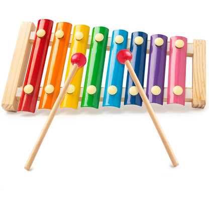 MCPINKY Xylophone for Kids front view showing colorful 8 note rainbow keys on wood base