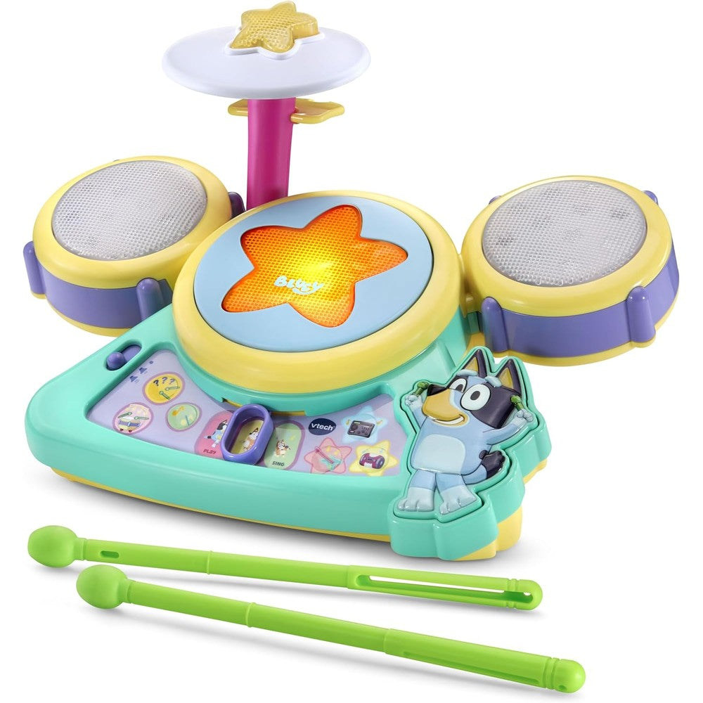 VTech Bluey Hooray Drum Set front view showing light up pads and cymbals