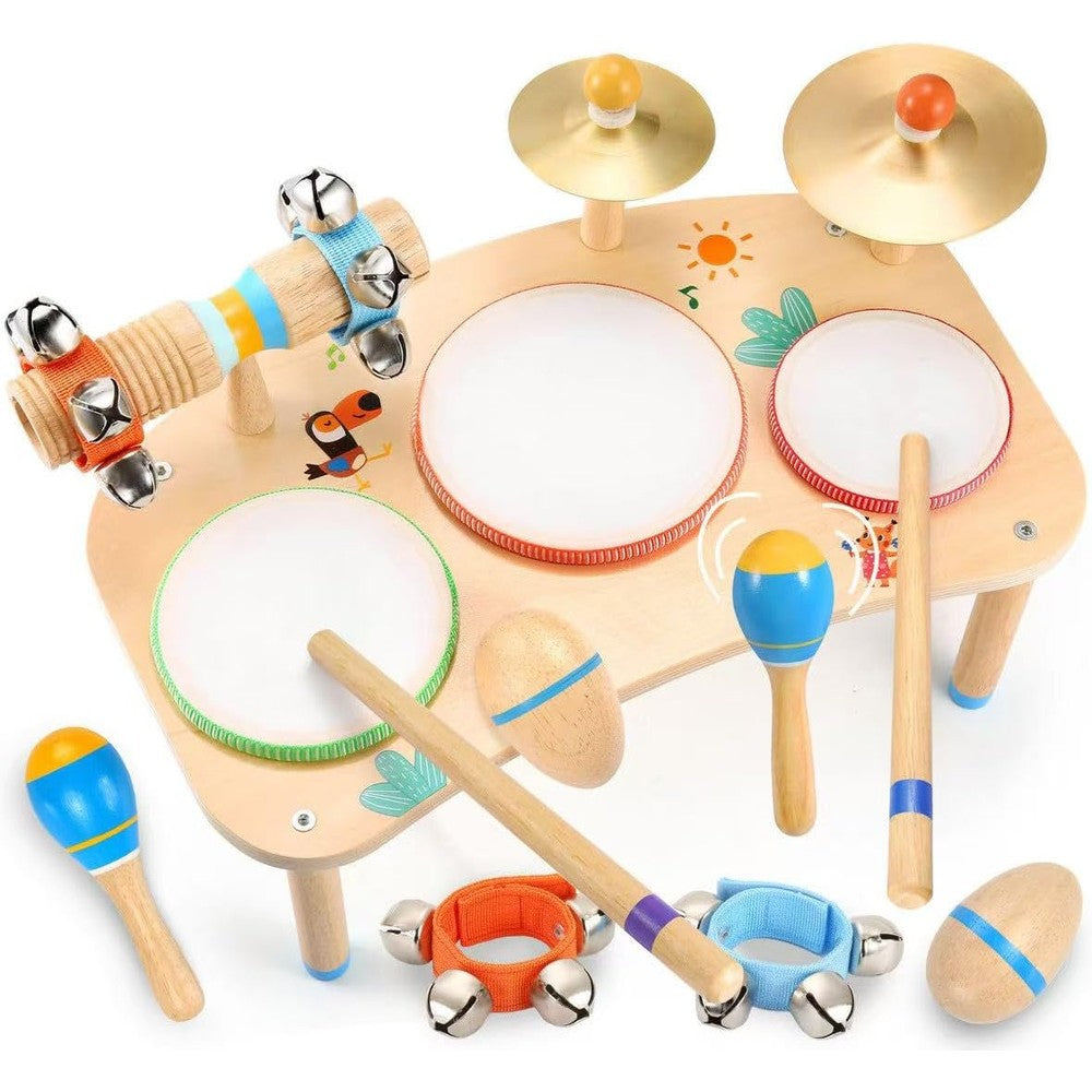 Wingyz 11 in 1 kids drum set front view showing premium wooden music table with bongo drums and cymbals
