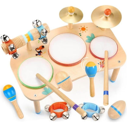 Wingyz 11 in 1 kids drum set front view showing premium wooden music table with bongo drums and cymbals