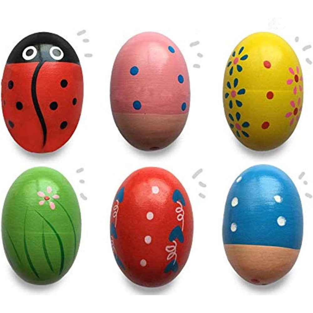 JoFAN wooden percussion musical shake eggs six count front view set showing assorted bright colors