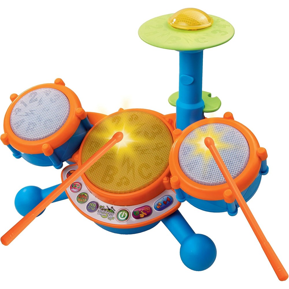 VTech KidiBeats Drum Set front view showing three white drum pads and a cymbal