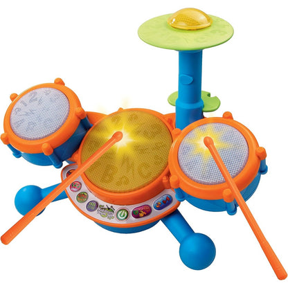 VTech KidiBeats Drum Set front view showing three white drum pads and a cymbal