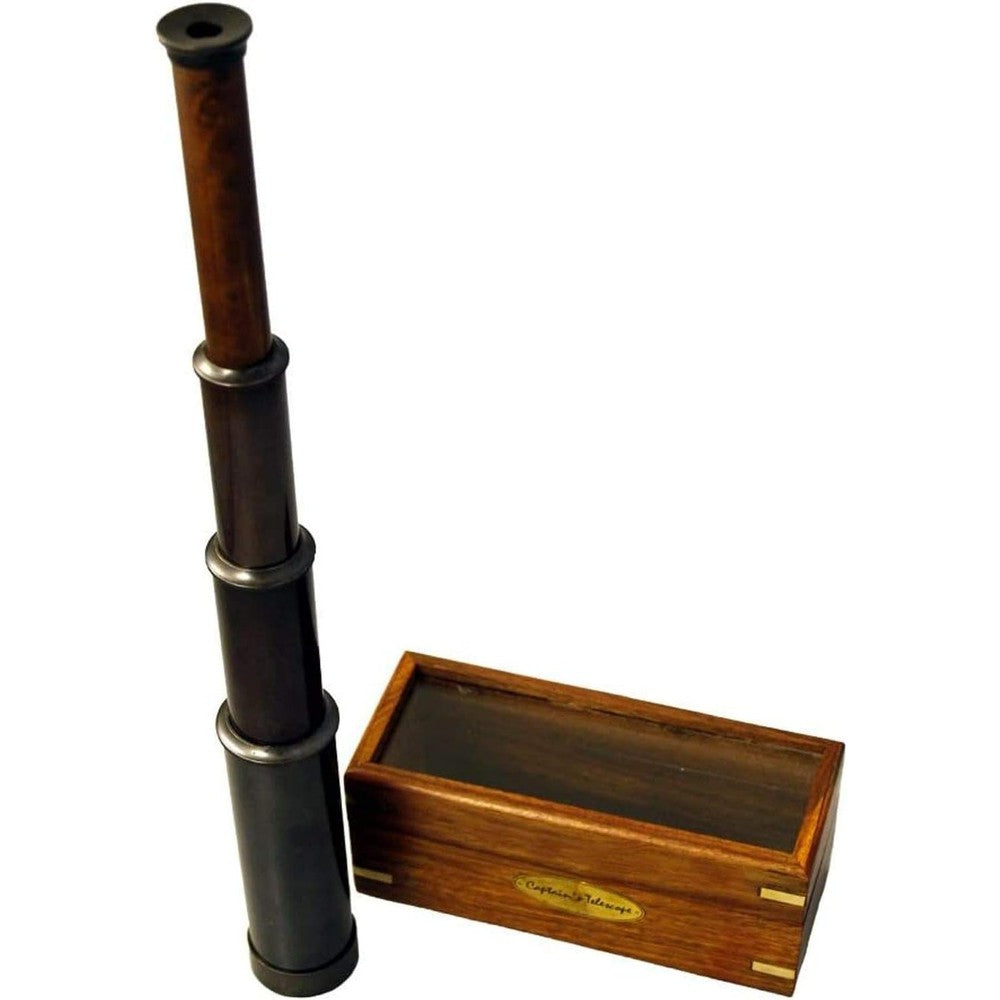 THOR INSTRUMENTS Antiqued Captains Nautical Telescope front view showing the blackened brass finish and extended draw tubes