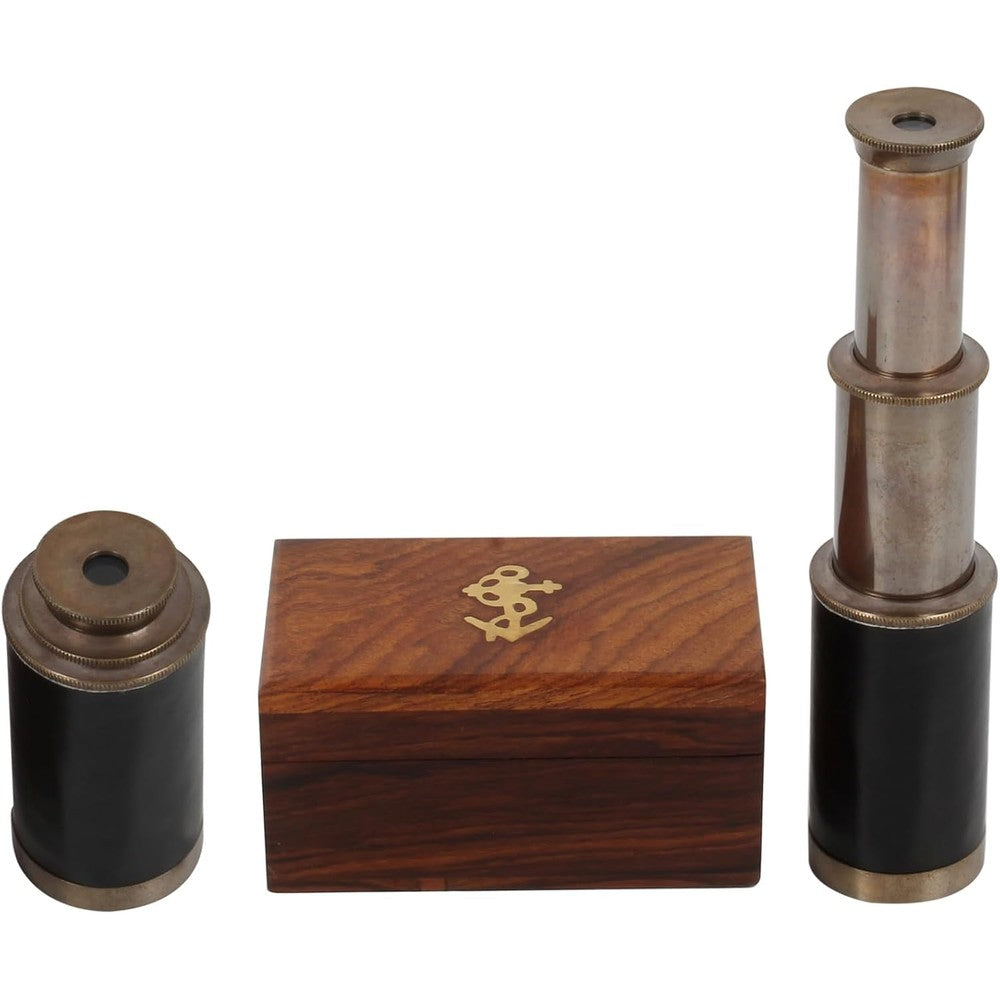 Handcrafted Trading Co. Pirate Antique Brass Handheld Telescope front view fully extended showing black leather grip.