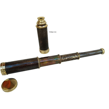US HANDICRAFTS 12 inch handheld brass telescope front view with engraved imprints