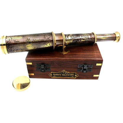 Ocean Replicas handheld brass pirate telescope fully extended in a front view perspective