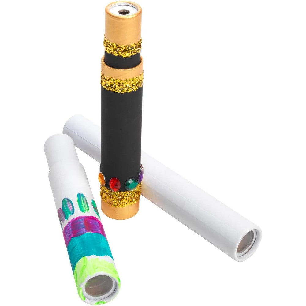 Colorations Decorate Your Own Telescopes front view of ten white cardstock craft kits for kids.