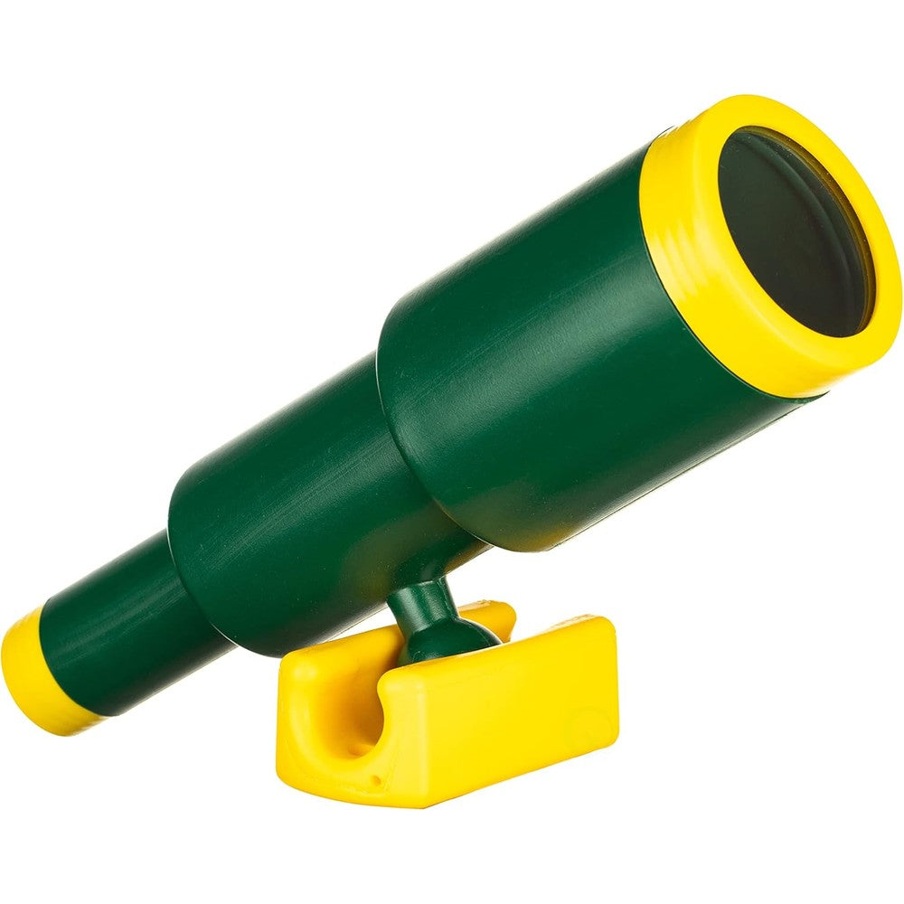 PLAYBERG plastic outdoor gym playground pirate ship telescope front view showing green body and yellow accents