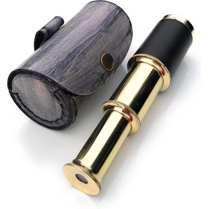 NauticalMart brass handheld pirate navigation telescope front view extended showing leather grip