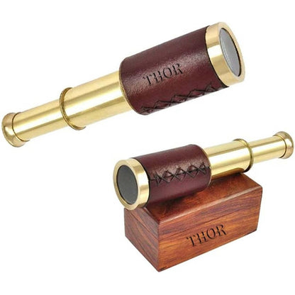 Thor Instruments antique marine brass handheld telescope front view displaying polished brass finish and brown leather grip
