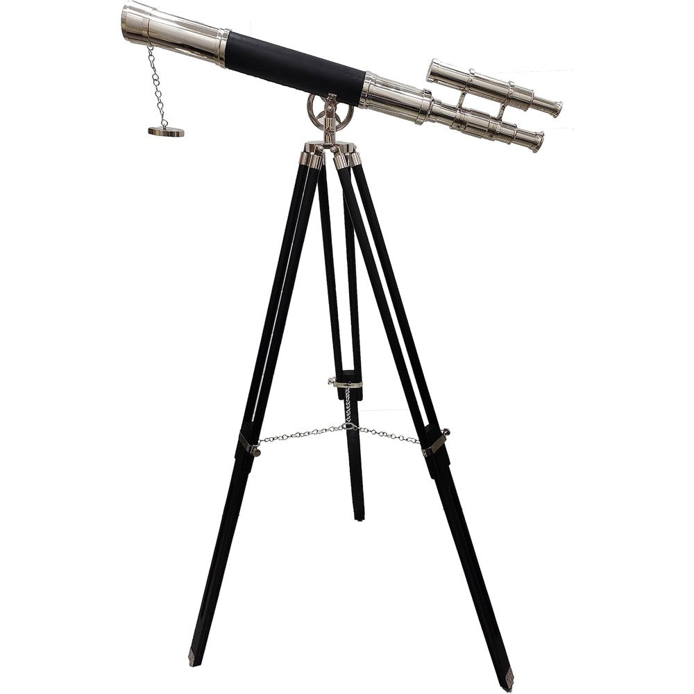 Navirock vintage black leather brass double barrel telescope front view.