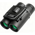 Rudra Retails 10x25 compact travel binoculars front view showing black foldable body and green coated lenses