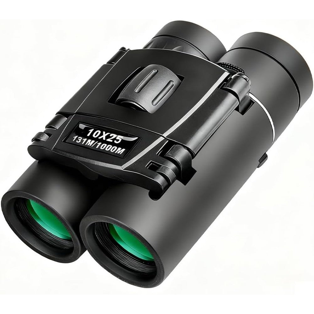 Rudra Retails 10x25 compact travel binoculars front view showing black foldable body and green coated lenses