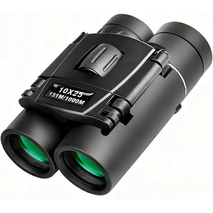 Rudra Retails 10x25 compact travel binoculars front view showing black foldable body and green coated lenses