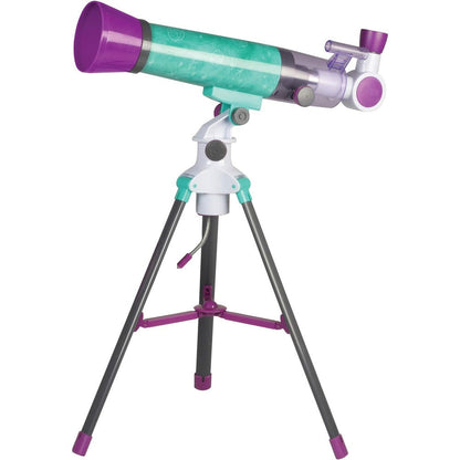 Educational Insights Nancy B's Science Club MoonScope kids telescope front view showcasing the teal and purple design on its tripod.