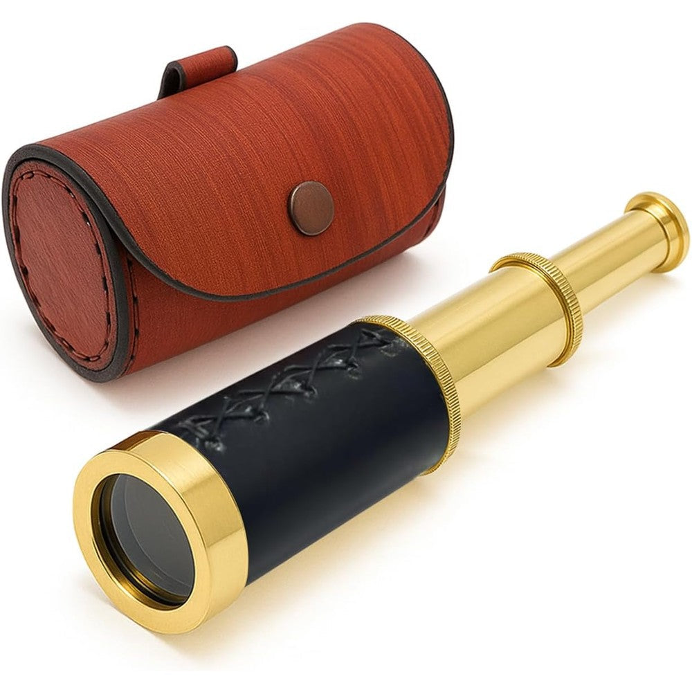 NauticalMart brass spyglass telescope front view fully extended showing the polished brass sections.