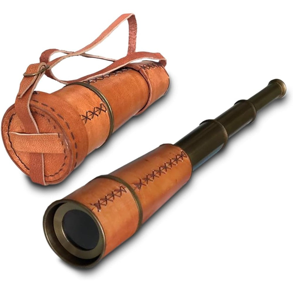 NauticalMart Brass Nautical Telescope front view showcasing the polished brass body and rich brown leather wrap.