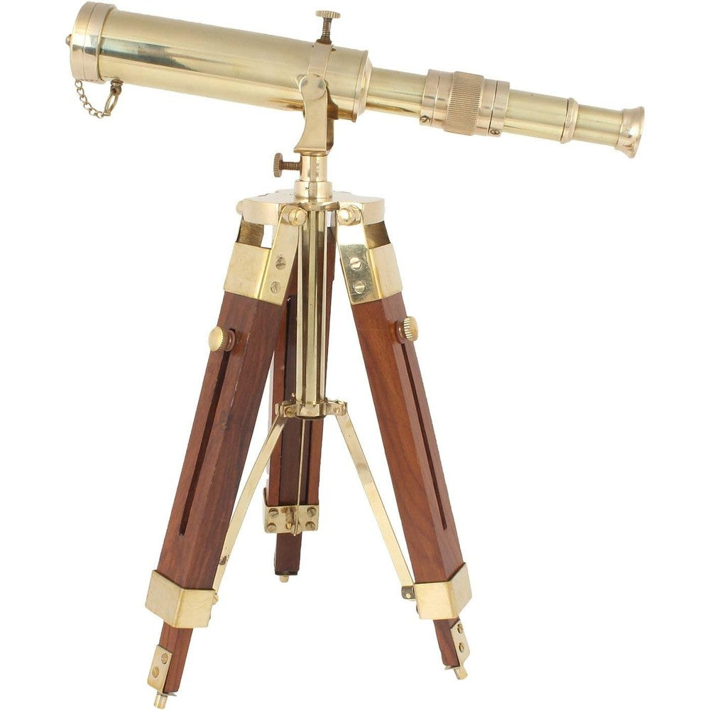Ocean Replicas vintage brass telescope on wooden tripod stand front view for classic tabletop home office styling