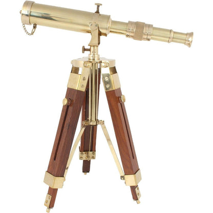 Ocean Replicas vintage brass telescope on wooden tripod stand front view for classic tabletop home office styling