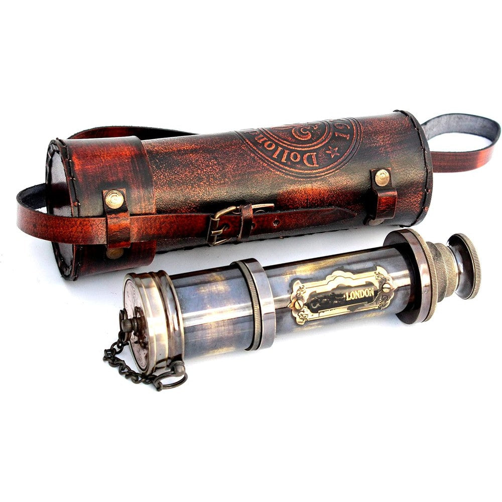 Ocean Replicas Vintage Brass Ship Telescope front view showing fully extended sixteen-inch polished brass body