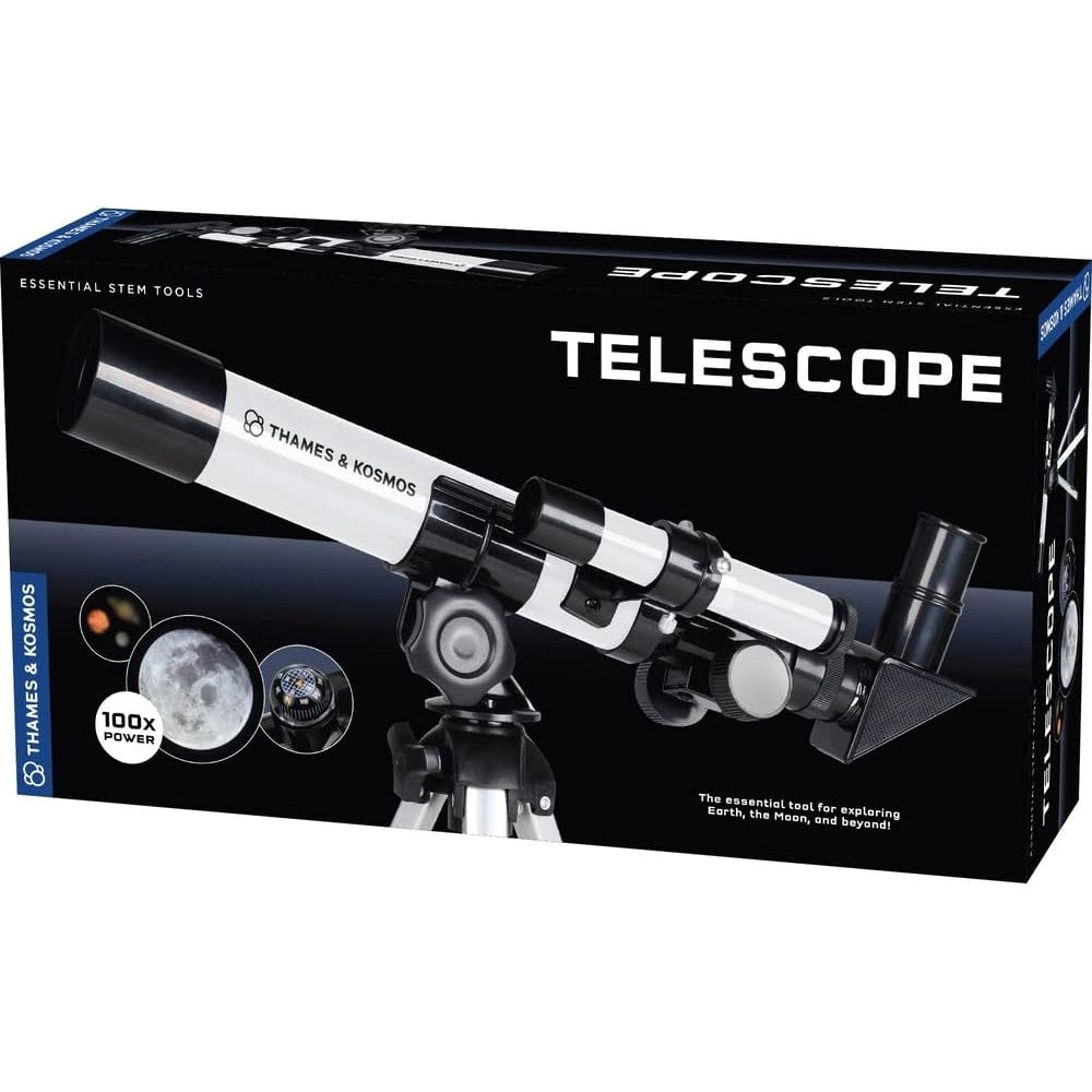 Thames and Kosmos Essential STEM Tool refractor telescope front view on tabletop tripod.