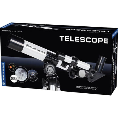 Thames and Kosmos Essential STEM Tool refractor telescope front view on tabletop tripod.