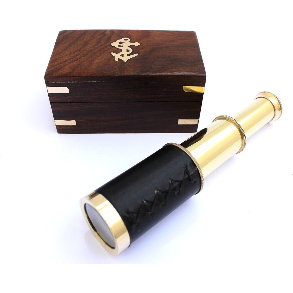Thor Instruments nautical handheld brass pirate telescope front view inside its open wooden box