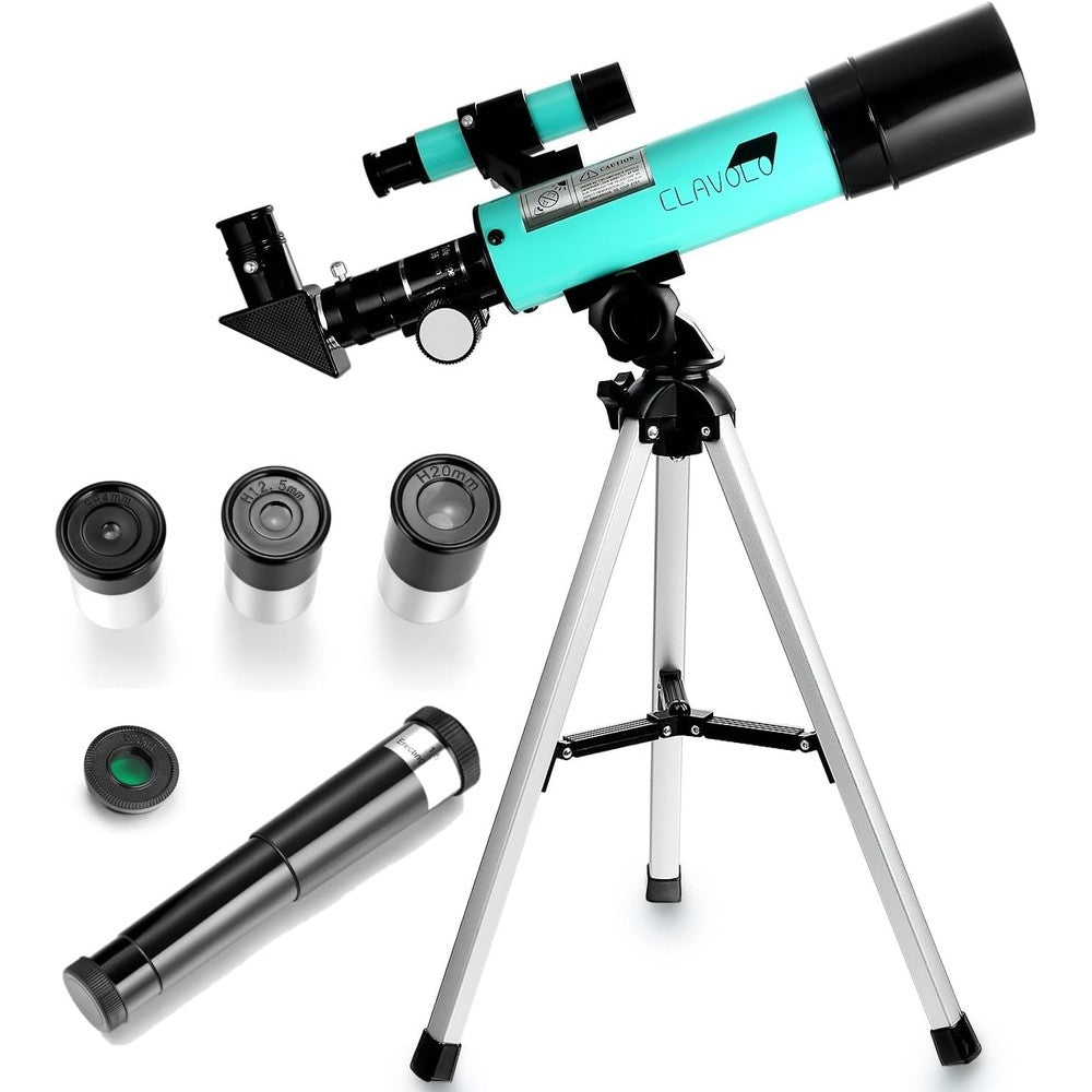 CLAVOLO Refractor Telescope front view showing the light blue optical tube assembled on a silver table tripod