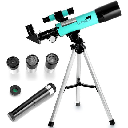 CLAVOLO Refractor Telescope front view showing the light blue optical tube assembled on a silver table tripod