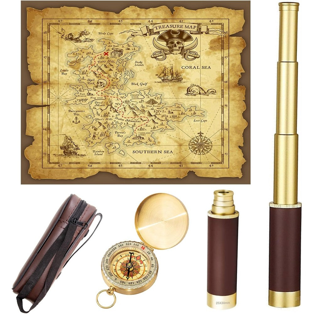 Laupha Retro Pirate Telescope Kit front view displaying the fully extended brass spyglass next to the golden pocket compass.