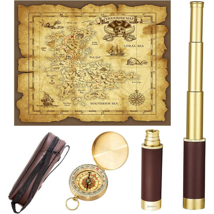 Laupha Retro Pirate Telescope Kit front view displaying the fully extended brass spyglass next to the golden pocket compass.