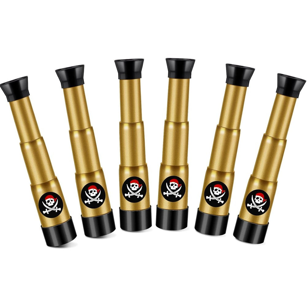 Zubebe plastic pirate telescopes for kids front view showing the antique bronze finish and skull emblem.