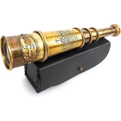 Aladean Vintage Spyglass Telescope front view extended showing solid brass barrel and detailed engravings.