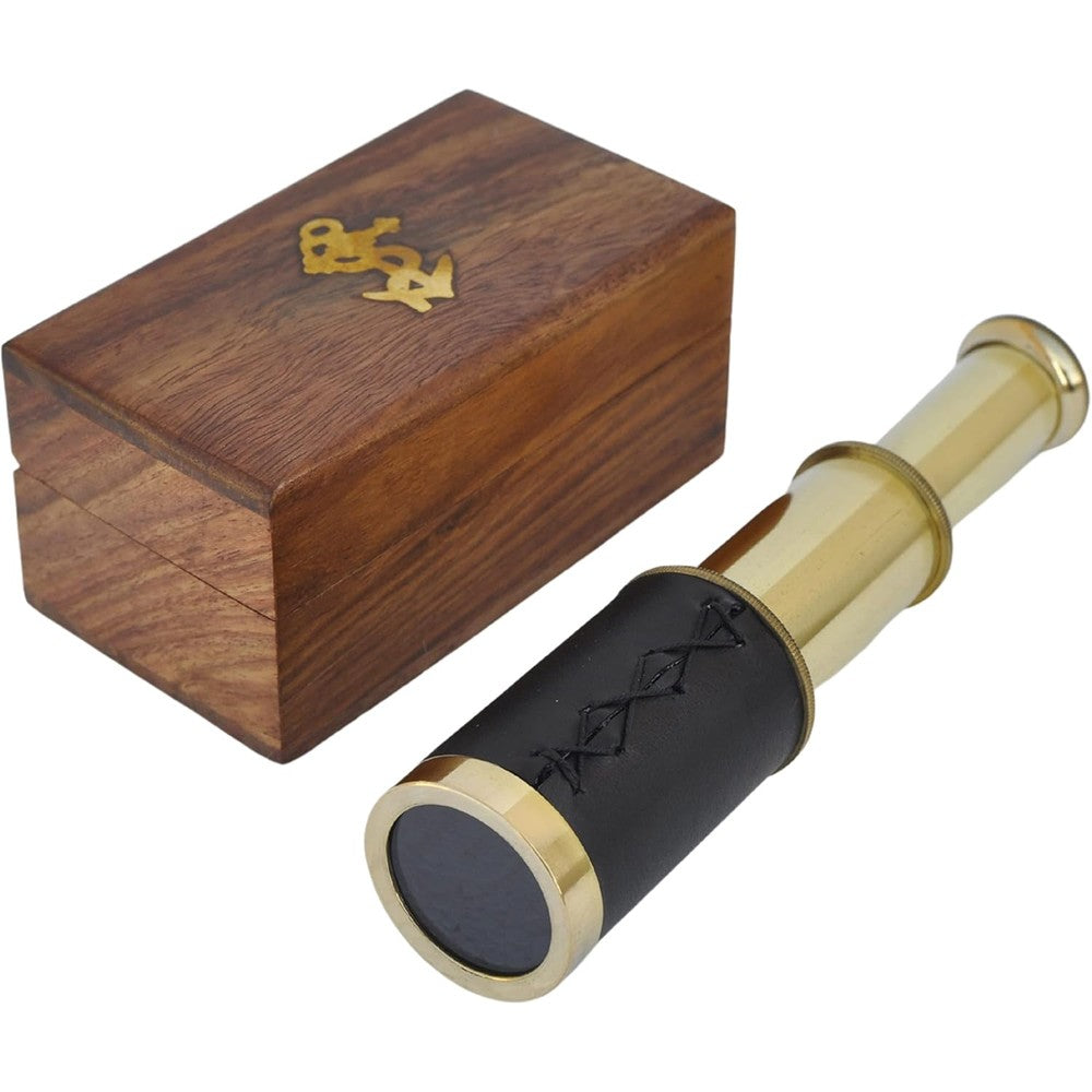 Medieval Replicas handheld brass telescope front view showing the polished gold finish and leather grip extended.