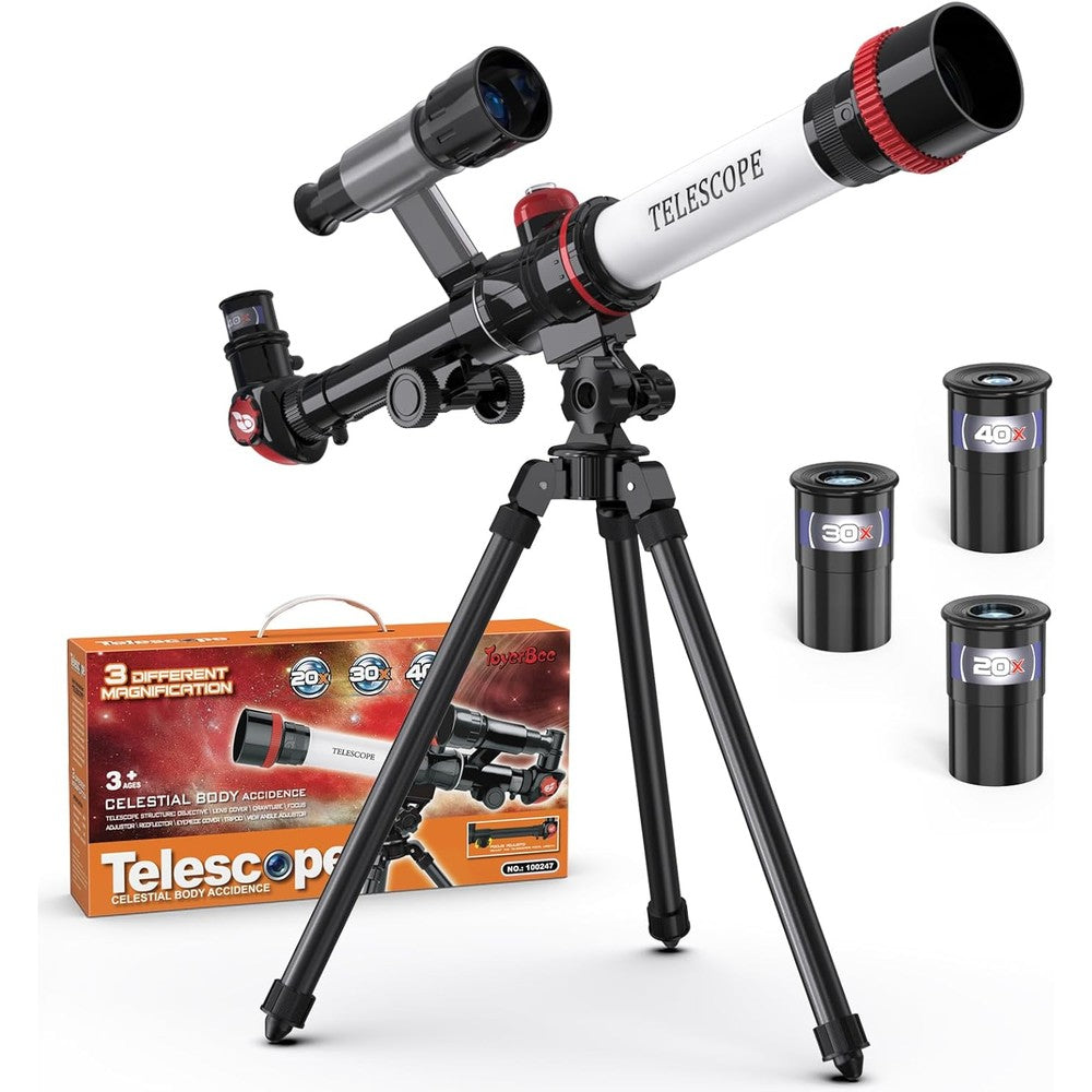 ToyerBee kids telescope front view showcasing the main optical refractor tube mounted on a stable tabletop tripod.