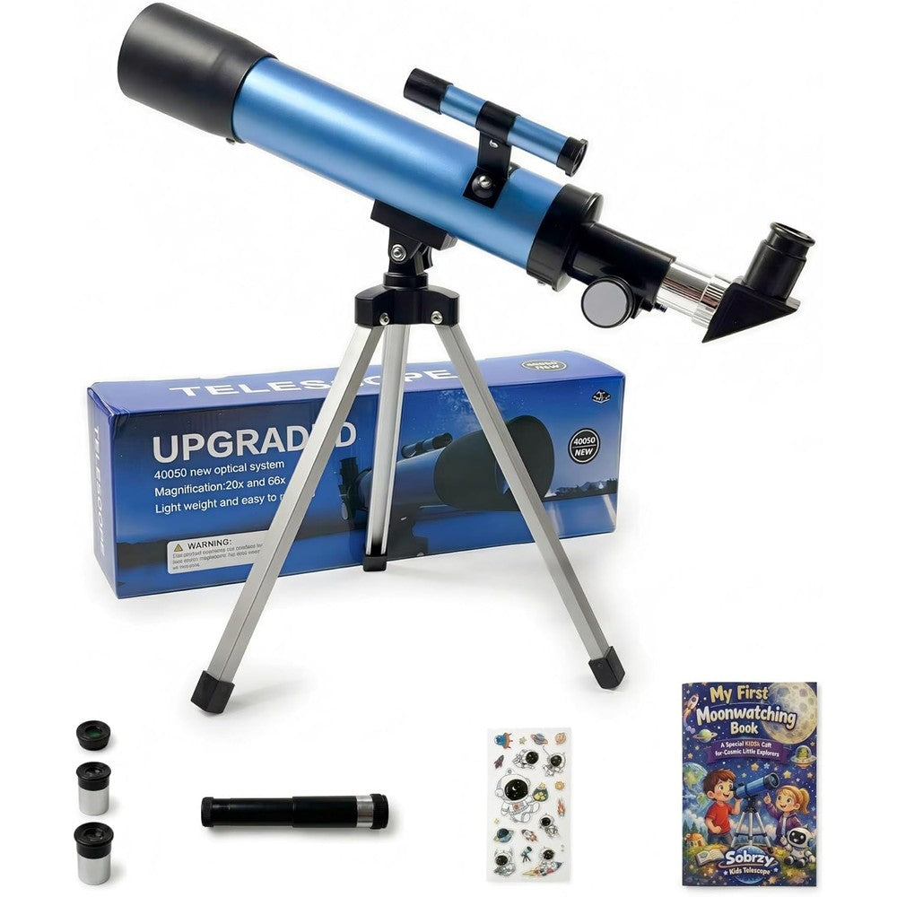 Sobrzy telescope for kids front view showing the blue optical tube and tabletop tripod setup.
