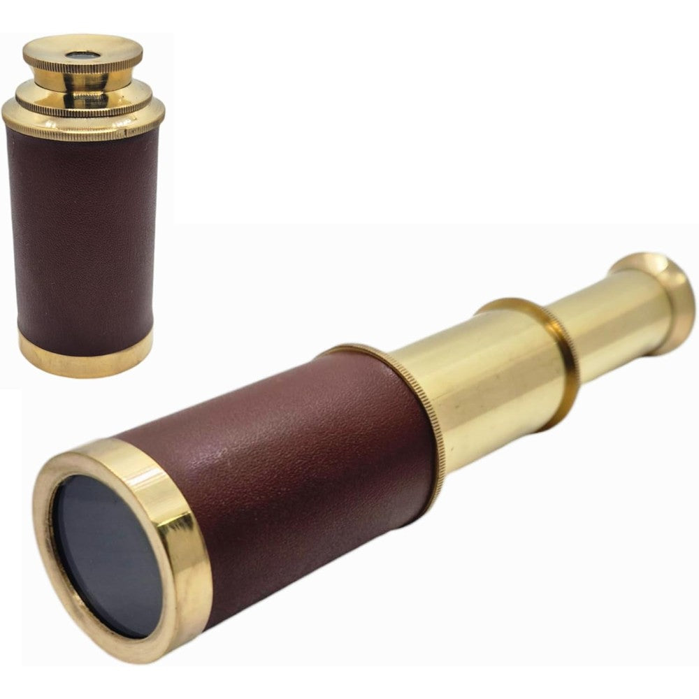 Prime Nautical 6 Inch Brass Pirate Telescope front view extended on table