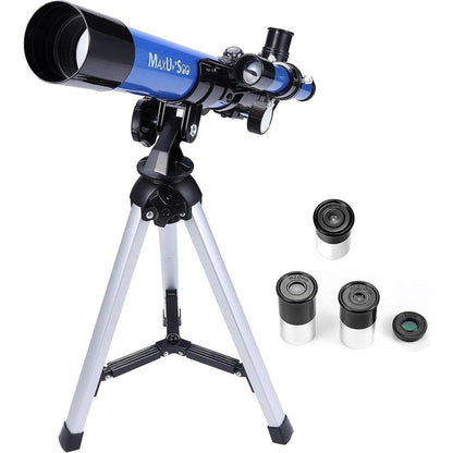 MaxUSee kids refractor telescope front view with tripod and finder scope for astronomy beginners